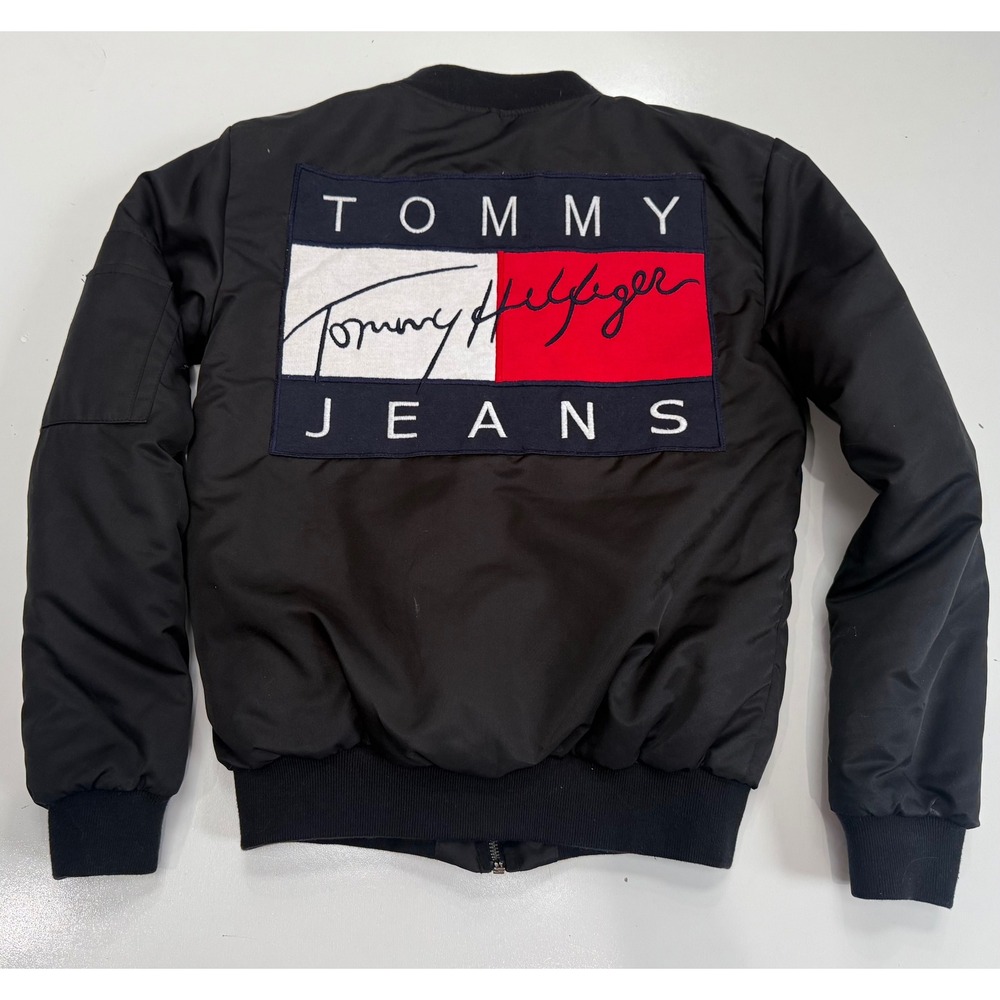 Tommy Hilfiger Jeans Black Bomber Jacket Big Back Logo Padded Women Small